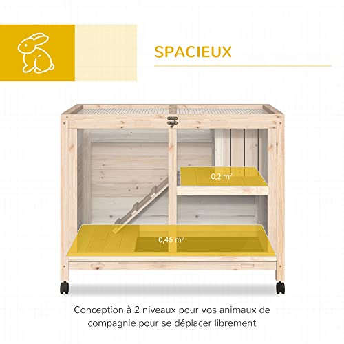 PawHut Cage à Lapin clapier sur roulettes Petit enclos Animaux en Bois Massif 2 étages Toit ouvrant Plates-Formes 91,5 x 53,3 x 73 cm Bois Naturel 3 PawHut Cage à Lapin clapier sur roulettes Petit enclos Animaux en Bois Massif 2 étages Toit ouvrant Plates-Formes 91,5 x 53,3 x 73 cm Bois Naturel pas cher