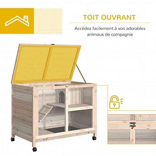 PawHut Cage à Lapin clapier sur roulettes Petit enclos Animaux en Bois Massif 2 étages Toit ouvrant Plates-Formes 91,5 x 53,3 x 73 cm Bois Naturel 4 PawHut Cage à Lapin clapier sur roulettes Petit enclos Animaux en Bois Massif 2 étages Toit ouvrant Plates-Formes 91,5 x 53,3 x 73 cm Bois Naturel pas cher