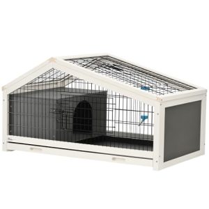 PawHut Clapier Cage à Lapin – Cage à Lapin intérieur Niche, Plateau déjection, Porte et Toit ouvrant verrouillables, Abreuvoir – Acier Noir Sapin Gris Blanc pas cher