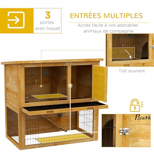 PawHut Clapier à Lapin Cage à Lapin 2 étages avec 3 Portes verrouillables Plateau Coulissant Rampe et Toit bitumé Bois Massif, 85 x 50 x 80 cm, Jaune 3 PawHut Clapier à Lapin Cage à Lapin 2 étages avec 3 Portes verrouillables Plateau Coulissant Rampe et Toit bitumé Bois Massif, 85 x 50 x 80 cm, Jaune pas cher