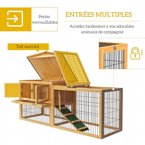 PawHut Clapier de Sol Cage à Lapin Cottage Niche supérieure avec Rampe enclos extérieur Plateau excrément fenêtre Porte verrouillable Bois Sapin dim. 150L x 52l x 68H cm Jaune 4 PawHut Clapier de Sol Cage à Lapin Cottage Niche supérieure avec Rampe enclos extérieur Plateau excrément fenêtre Porte verrouillable Bois Sapin dim. 150L x 52l x 68H cm Jaune pas cher