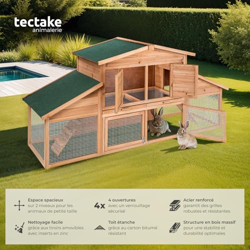 tectake® Clapier Lapin Exterieur Cage Lapin & Autres rongeurs Poulailler pour Poules en Bois imperméable avec Parc XXL au Sol sans Fond et 2 Tiroirs à déjection, 4 Portes verrouillables 2 tectake® Clapier Lapin Exterieur Cage Lapin & Autres rongeurs Poulailler pour Poules en Bois imperméable avec Parc XXL au Sol sans Fond et 2 Tiroirs à déjection, 4 Portes verrouillables pas cher