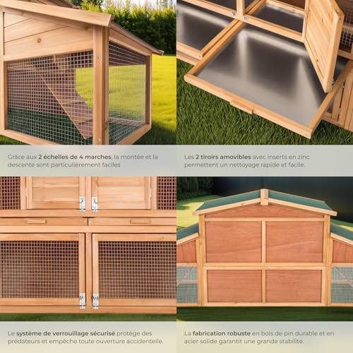 tectake® Clapier Lapin Exterieur Cage Lapin & Autres rongeurs Poulailler pour Poules en Bois imperméable avec Parc XXL au Sol sans Fond et 2 Tiroirs à déjection, 4 Portes verrouillables 4 tectake® Clapier Lapin Exterieur Cage Lapin & Autres rongeurs Poulailler pour Poules en Bois imperméable avec Parc XXL au Sol sans Fond et 2 Tiroirs à déjection, 4 Portes verrouillables pas cher